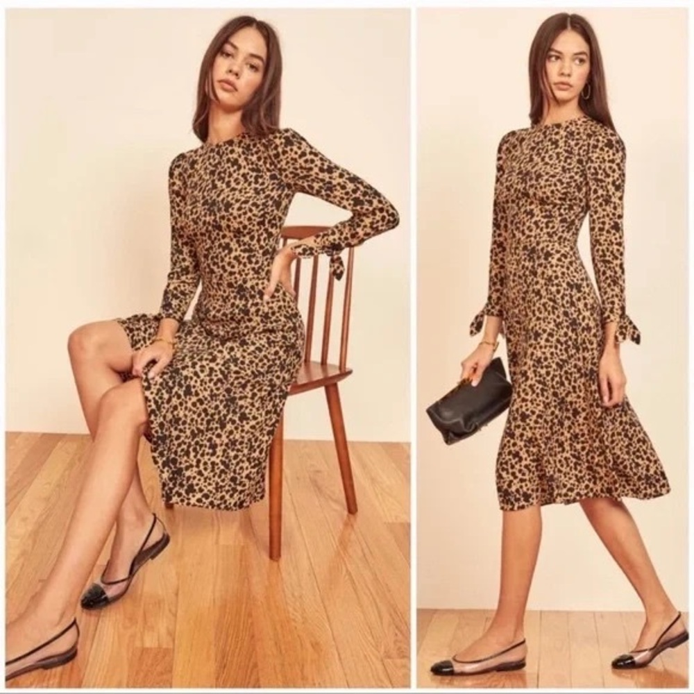 Reformation‎ NWT Port Dress Blitz Women's Size 2 Black Tan Spotted Animal Print